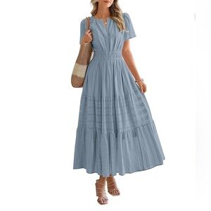 BTFBM Blue Short Sleeve V-Neck Cinch Waist Boho Beach Maxi Dress Size XXL Resort